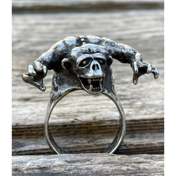 Vintage Mens Silverplate Biker statement ring King Kong Monster Size 13 - Picture 1 of 16